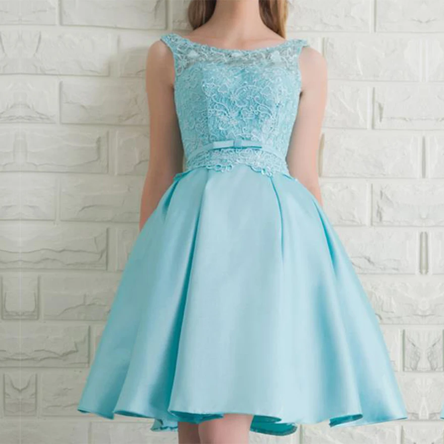 Elegant Short Light Blue Dress V Back Satin Lace Dresses Cheap Graduation