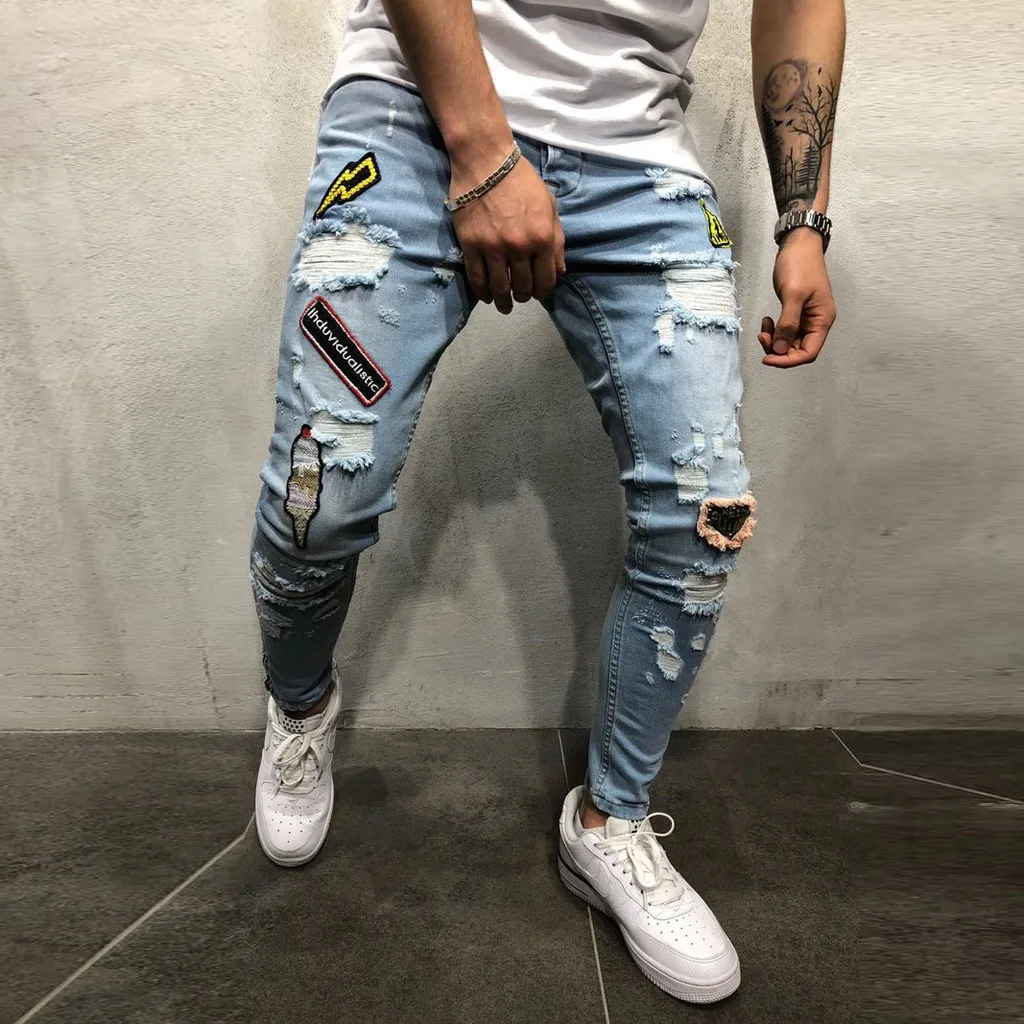 

feitong men's denim cotton straight hole pocket pants male brand clothing plus size pant mens trousers jogger slim pant#g40