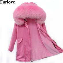 Furlove Women Winter Parkas Large Real Raccon Fur Parka Pink Faux Fur Liner Thickening Long Jacket Overcoat