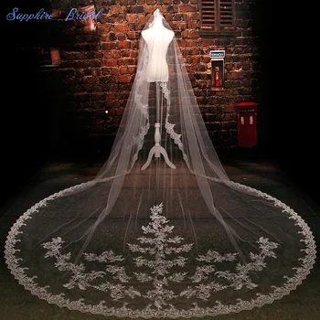 

Sapphire Bridal Velo De Novia High Quality Lace Edge Crystals Lace Super Long Train Princess Veils Velo De Novia Bridal veil