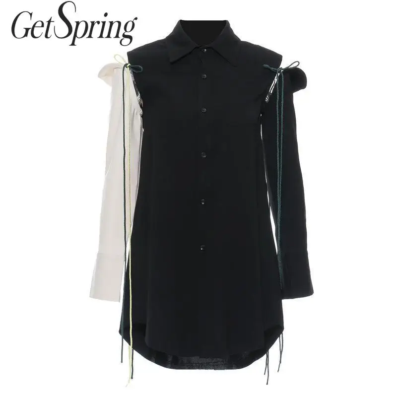 

GetSpring Women Blouse Long Sleeve Patchwork Women Shirt Asymmetrical Top Black Ladies Tops Drawstring Irregular Long Blouse New