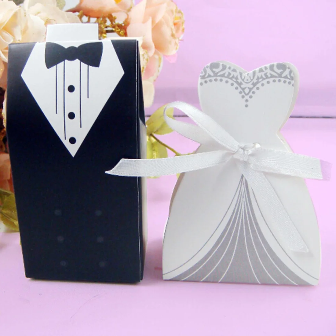 

Hot sale 10Pcs Candy Box Bridal Gift Cases Groom Tuxedo Dress Gown Ribbon Wedding Favors Sugar Case Wedding Decoration mariage