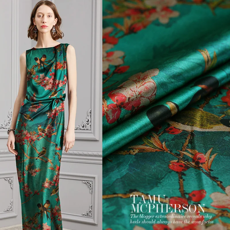 

19mm Magpie Play Red Flowers Mulberry Silk Stretch Satin Gambiered Canton Gauze Fabric for Woman Summer Dress Sewing-AF807