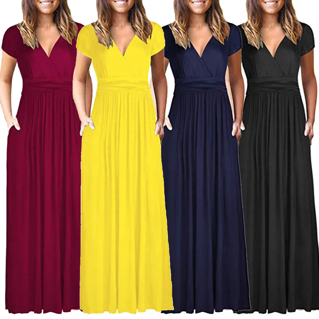 

Womail Cover-Ups Women's Round Neck Solid ShortSleeve Maxi Dresses Casual Long Dresse With Pocket Beach Tunic W3043