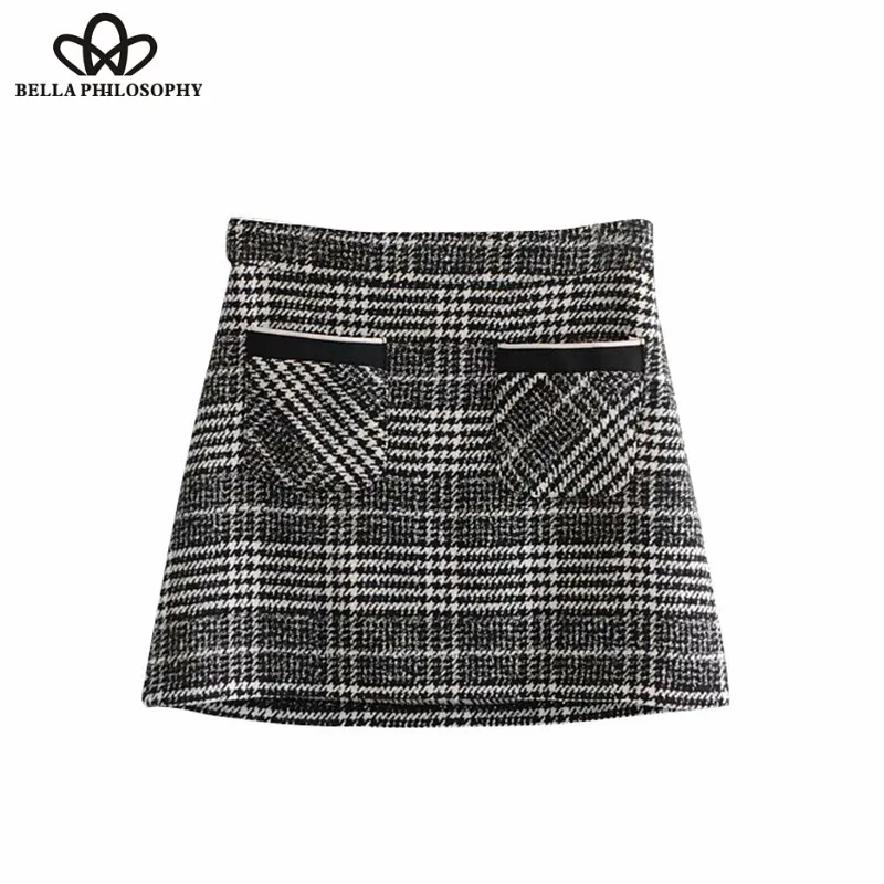 Wonder 2018 new Vintage Chic Pockets Plaid Tweed Mini Skirt A Line Side Zipper Streetwear Ladies Skirts Casual Faldas Mujer
