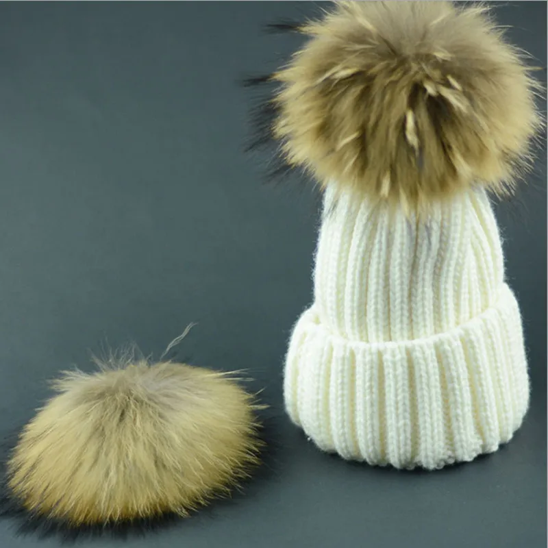 

2017 New Raccoon 15cm Hair Bulb Children Kids Baby Warm Winter Wool skullies beanies knitted Fur Pom Hat Cap Gifts for Children