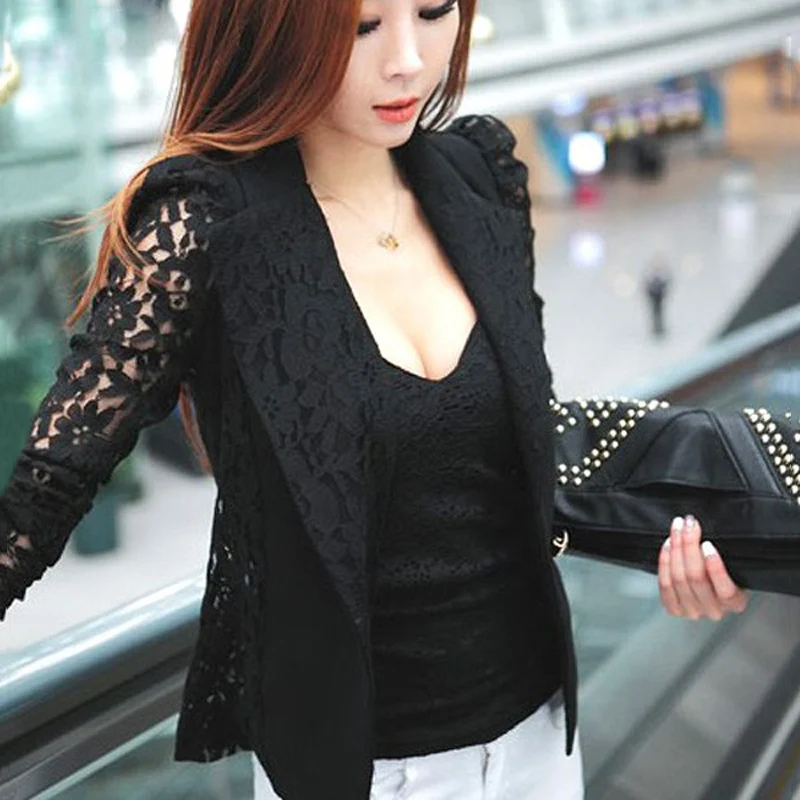 2019 élégant grande taille femmes Blazer noir blanc à manches longues évider tout Match femme veste dentelle Patchwork bureau dame costumes