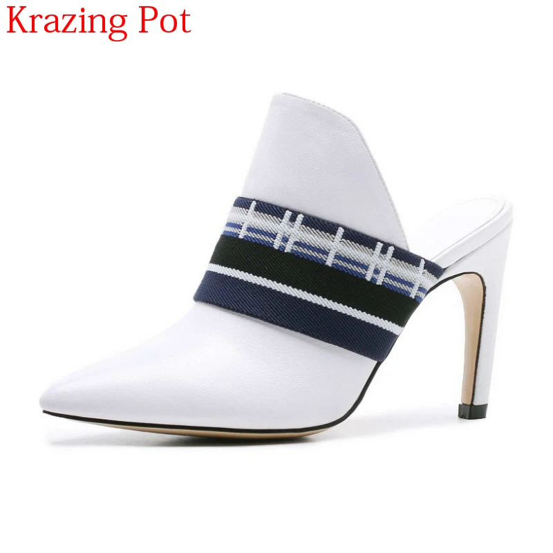 

2018 New Arrival Genuine Leather Brand Summer Shoes Pointed Toe Concise Mules Stiletto High Heels Mixed Colors Women Pumps L27