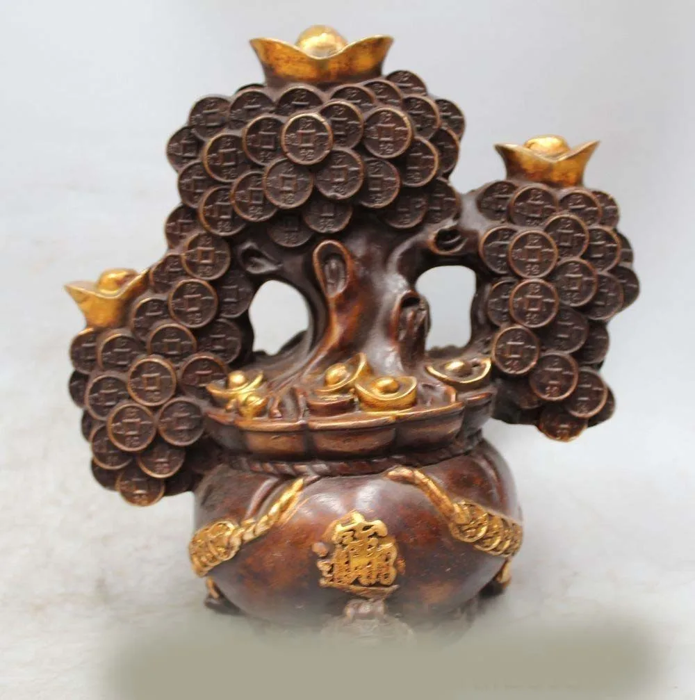 

DS 8" Chinese China Bronze Gild Feng Shui Lion Money Tree Coin Yuanbao Wealth