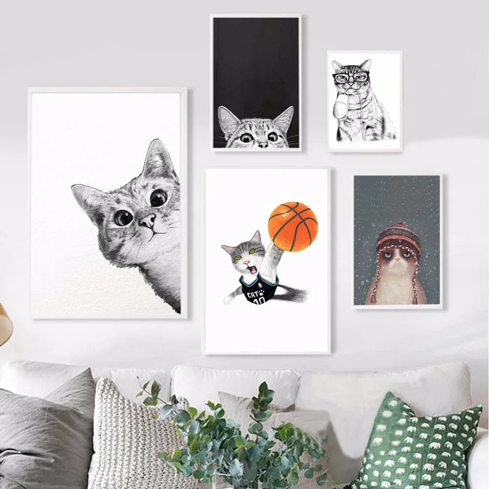 Abstrak Minimalis Kanvas Lukisan Kawaii Kartun Kucing Hewan Poster Hd Print Gambar Dinding Kamar Tidur Anak Dekorasi Painting Calligraphy AliExpress