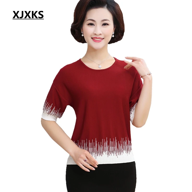 

XJXKS New 2019 Summer Tops Ice Silk Plus Size Short-sleeved Women T-shirt Mother Large Size Loose Knitted Tee Shirt