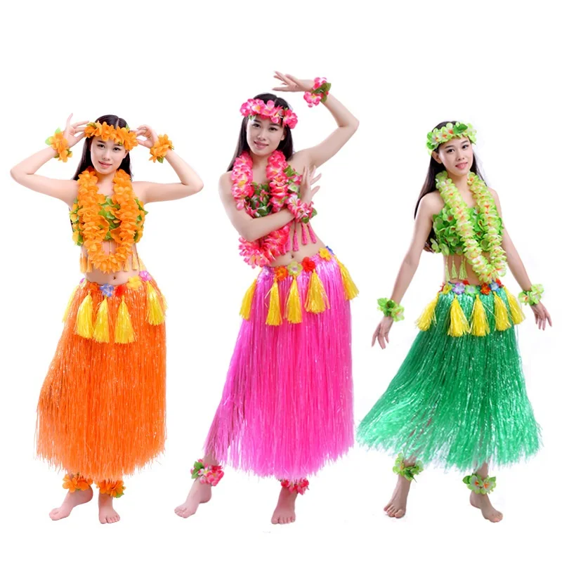 Hawaiian Hula Grass Skirt Fancy Dress Adult Costume With Flower Long S  yh 