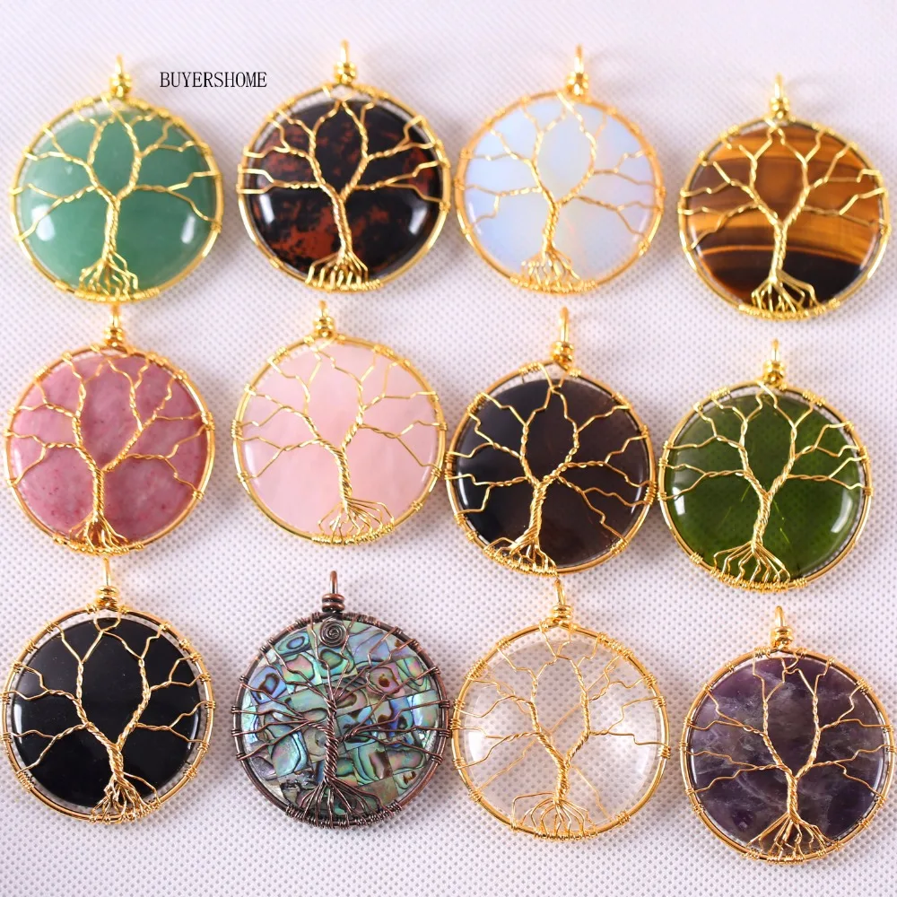 

Tree of Life Wire Wrap Copper Natural Round Abalone Shell Opal Crystal Green Aventurine Onyx Rhodonite Tiger's Eye Pendant 1Pcs