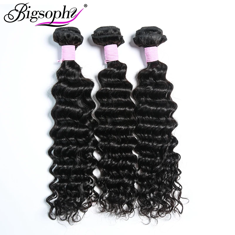 

Bigsophy Hair Peruvian Deep Wave 3 Bundles Lot 100% Human Hair Weaving 8-28inch Curly Remy Hair Natural Black Color dye&bleach