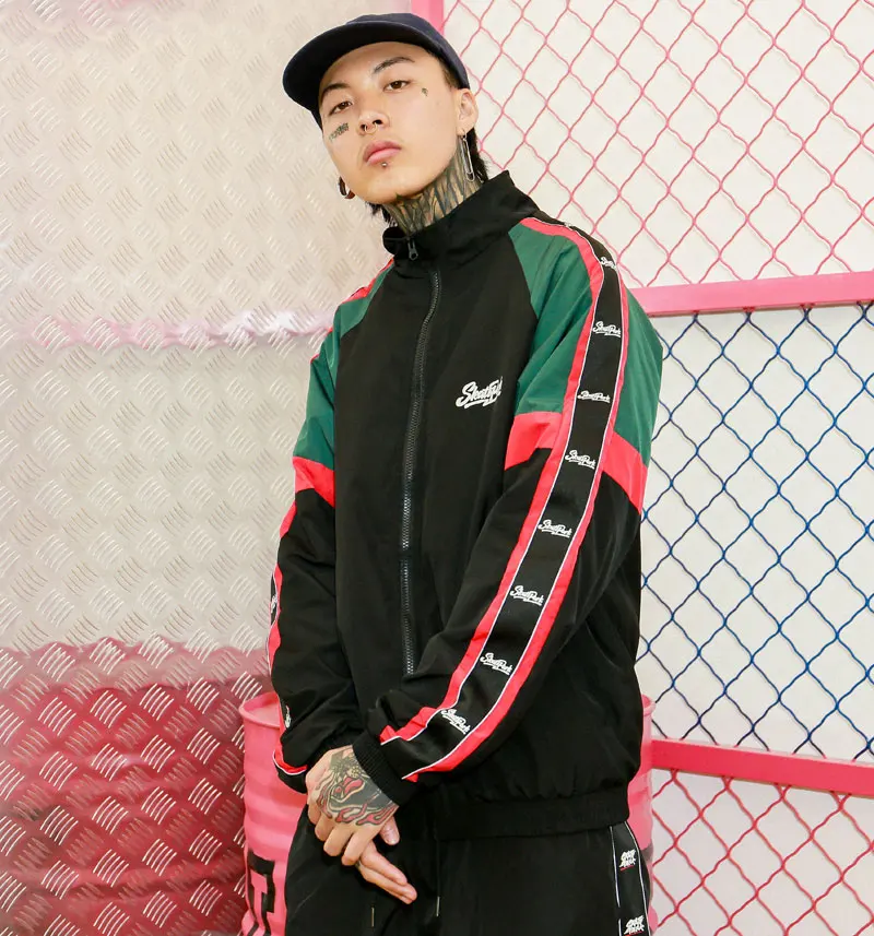 Sleeve Ribbon Color Block Zip Track Jackets 1