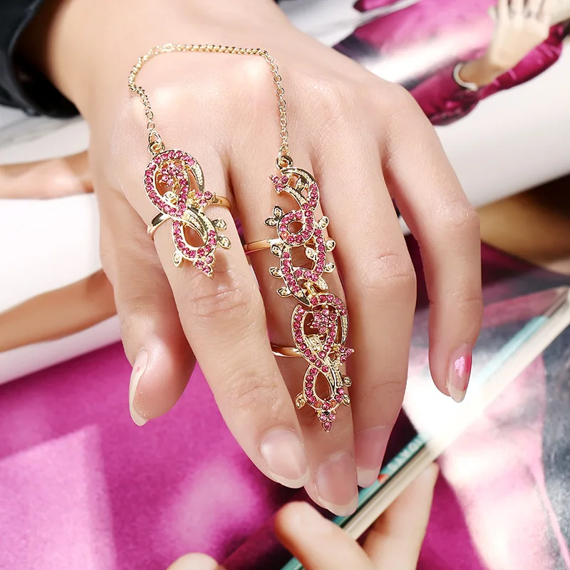 

Adjustable Crystal Rhinestone Flower Rings Set Dual Double Finger Ring with Chain Women Fashion Jewelry Accessory Gifts
