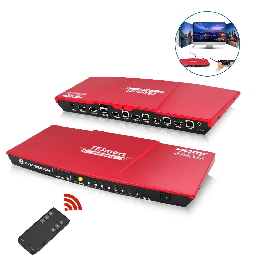 TESmart HDMI 2,0 4K @ 60Hz 4 Порты и разъёмы USB KVM HDMI коммутатора для многих компьютер PC Поддержка ИК USB 2,0 Беспроводная клавиатура, мышь