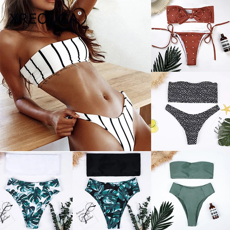 

XREOUGA Women Stylish Two Pieces Swimming Suit Island Holiday Solid Thong High Leg Cut Bikini Sets Stripe Dot Sexy Monokini 2018