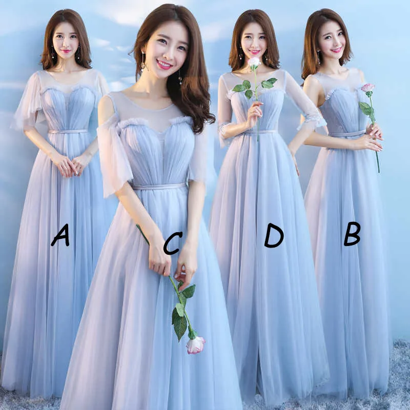 

Simple O Neck Long Bridesmaid Dresses 2018 New Winter Gray Slim Wedding Bridesmaid Dress Sisters Group Tulle Dress Mingli Tengda