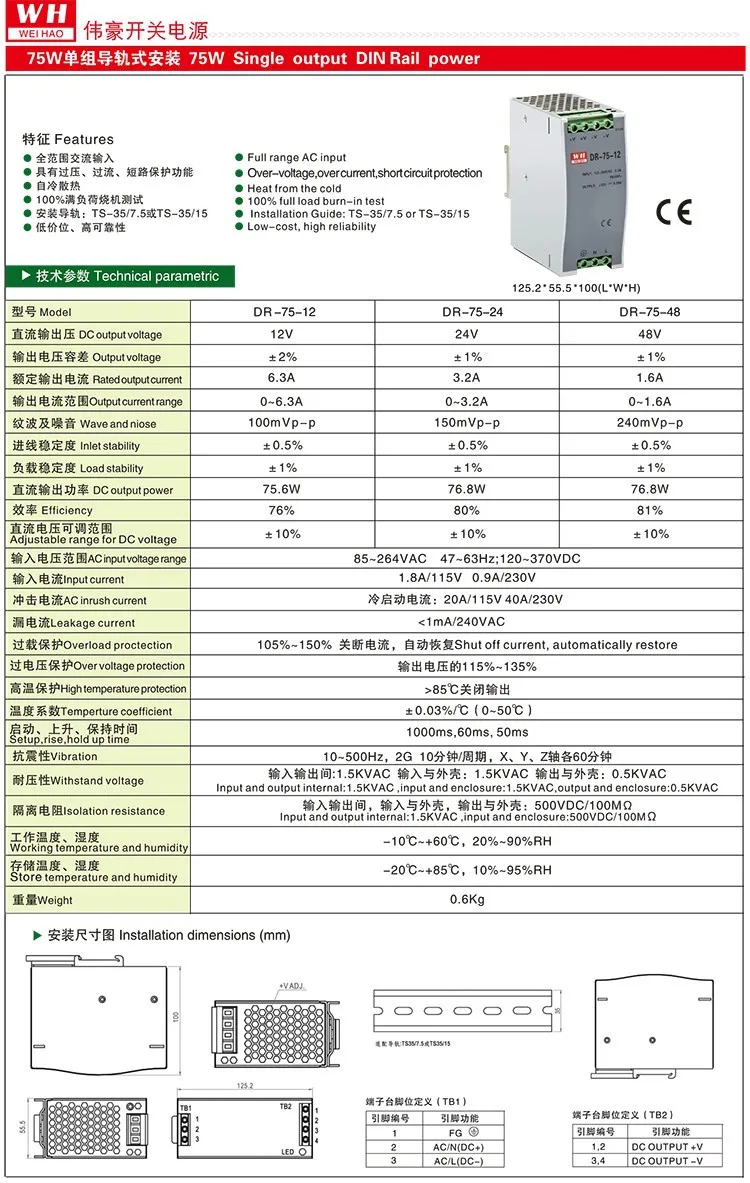 75 W 24 V Одиночный набор направляющего типа светодиодный импульсный источник питания