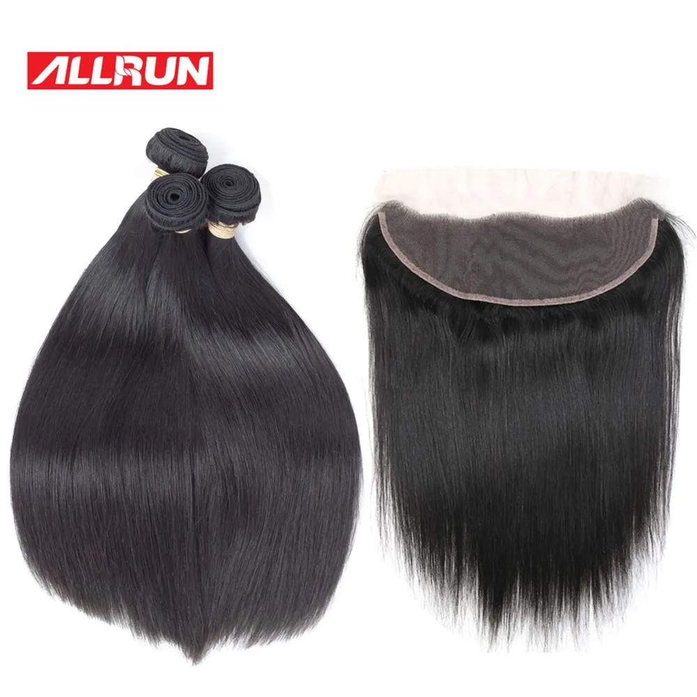 preço Allrun 13*4 Feixes de Cabelo Retas Malaio Com Rendas Frontal Cabelo Humano Pacotes Com Fecho de 2 3 Peças Com Fecho não Remy