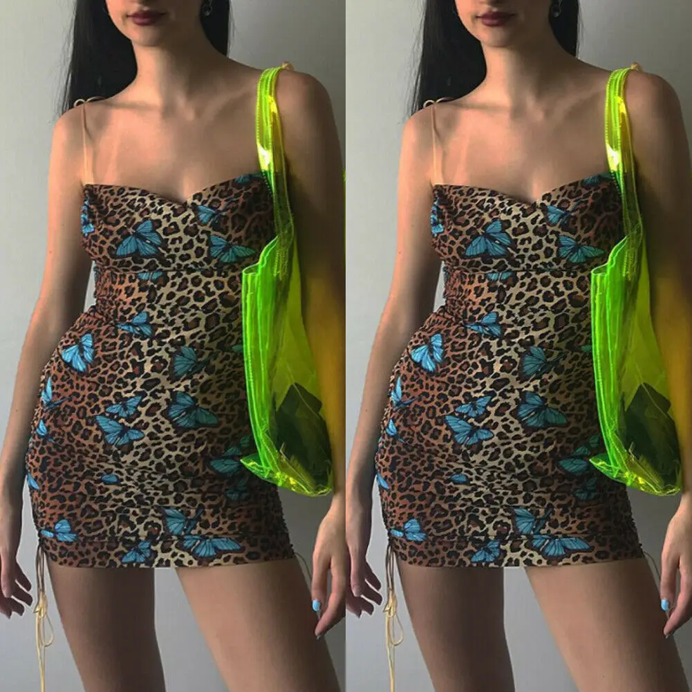 

New Women Fashion Summer Mini Dress Bodycon Sleeveless Evening Party Casual Skinny Leopard Butterfly Print Hot Leisure Wear