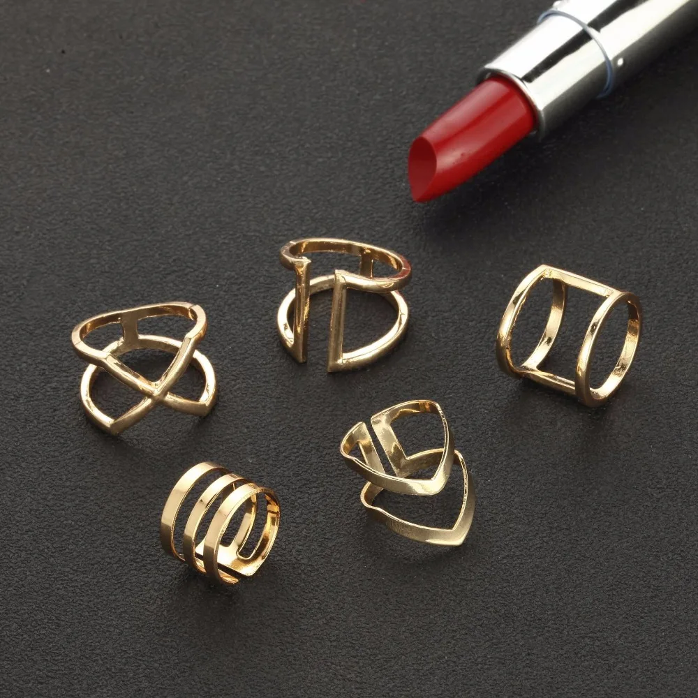 5 Pcs/ Set Classic Gold Colour V Chevron Rings Geometrical Irregular Ring Set Lady Charm Costume Jewelry Accessories Midi Rings