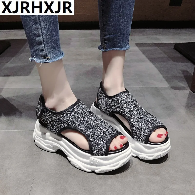 

6CM Fashion Glitter Women Sandals For 2019 Breathable Comfort Shopping Ladies Walking Shoes Summer Platform Black Sandal Shoes