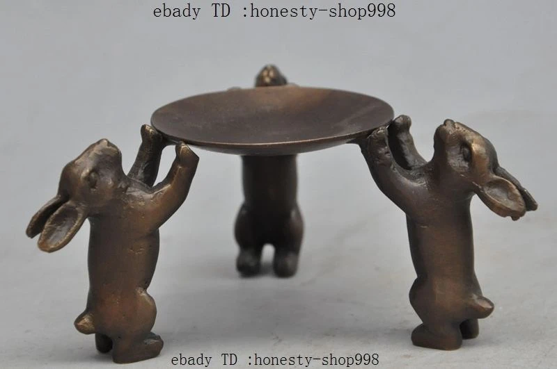 4" old chinese bronze animal zodiac Lovely Rabbit Plate Lampstand Candlesticks .