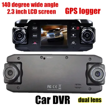 

140 degree wide angle Car DVR 2.3 inch LCD Screen Dual Lens Car video Recorder Night Vision GPS logger