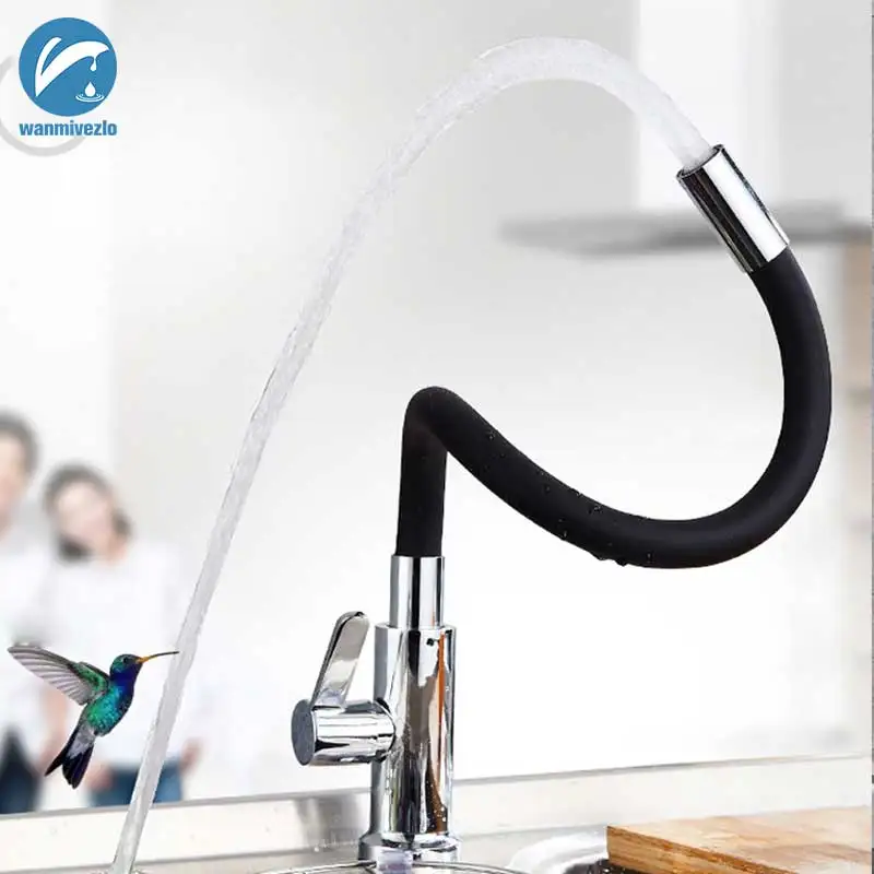 

Black Chrome Kitchen Sink Faucet Brass Flexible Rubber Hot Cold Water Mixer Tap Pull Down Rotation Kitchen Tap Torneira Cozinha