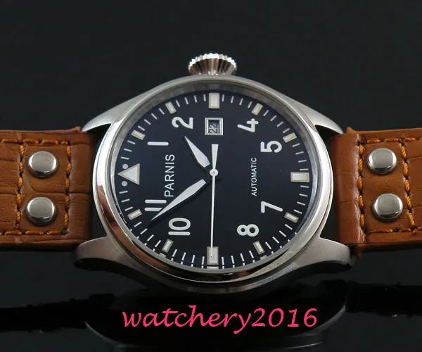 

47MM Parnis Black Dial Rivets Leather Strap Date top brand Luxury Stainless steel Case ST Automatic movement Men's Watches