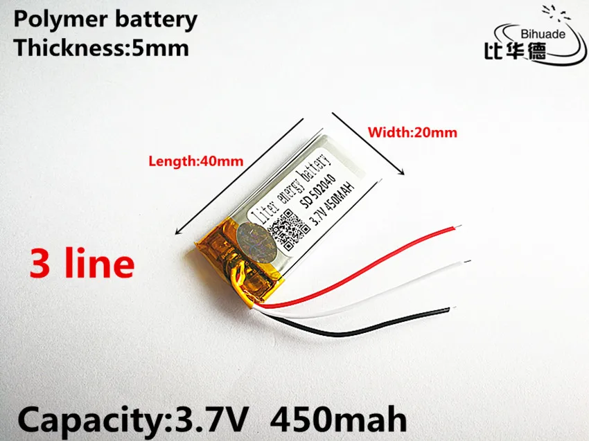 10 шт./лот 3 линии хорошего качества 3,7 V, 450 mAH, 502040 полимерный литий-ионный/литий-ионная аккумуляторная батарея для игрушка, портативное зарядное устройство, gps, mp3, mp4