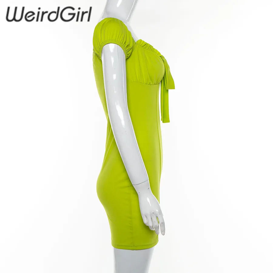 Weirdgirl Для женщин бантом платье-футляр зеленый Элегантный квадратный вырез облегающее платье с коротким рукавом модные облегающие мини леди новое летнее платье