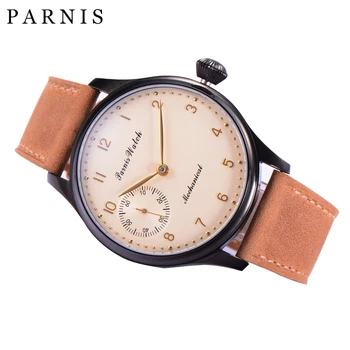 

Fashion 44mm Parnis Mechanical Hand Wind Men Watches Leather Band Hand Winding Stainless Steel Case Men's Wrist Watch Man Clock