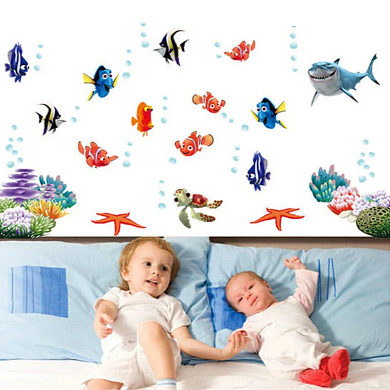 Autocollant mural NEMO à bulles de poisson de fond de mer, autocollant mural de dessin animé pour les chambres d'enfants, décor de salle de bains, maison, pépinière, autocollants