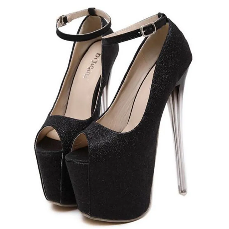 Г. Женские туфли-лодочки на тонком каблуке 16 см пикантные туфли на высоком каблуке с открытым носком на платформе женские свадебные вечерние туфли - Цвет: Черный