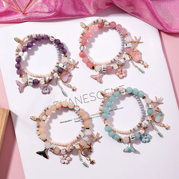 

Korean Sweet Marine Whale tail Flower Charm Bracelet Crystal Beads Bracelets for Women Beach Holiday Fashion Jewelry