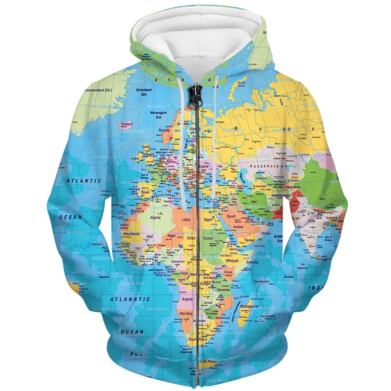 

YFFUSHI 2019 Plus Size 5XL Zipper Jacket Men World Map 3d Print Coat Cool Outwears Hip Hop Zipper Hoodies