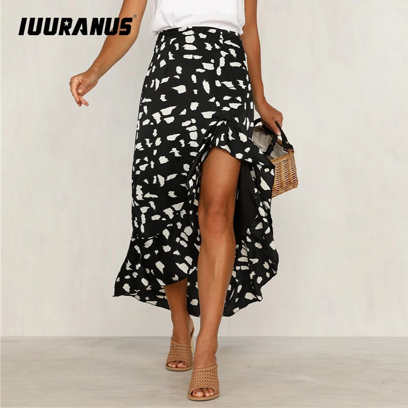 

IUURANUS 2019 Sexy Split Ruffle Print Skirt Women Casual High Waist Skirts Ruffle Female Summer Beach Long Skirt Plus Size