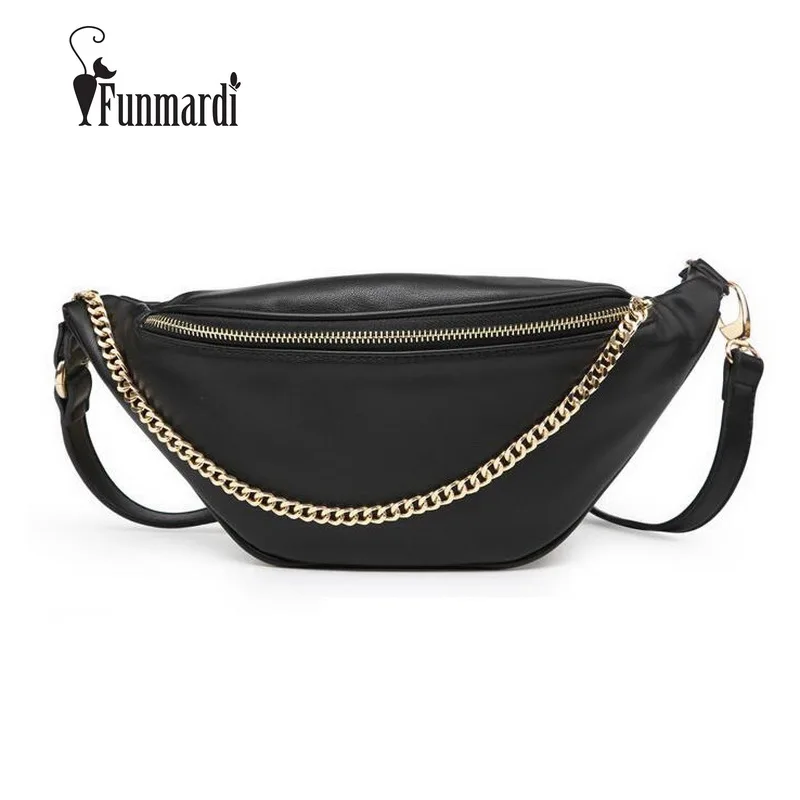 

FUNMARDI Chains Black PU Leather Belt Bags High Quality Casual Waist Bags Cell Phone Fashion Bags Fanny Pack For Womens WLAM0197