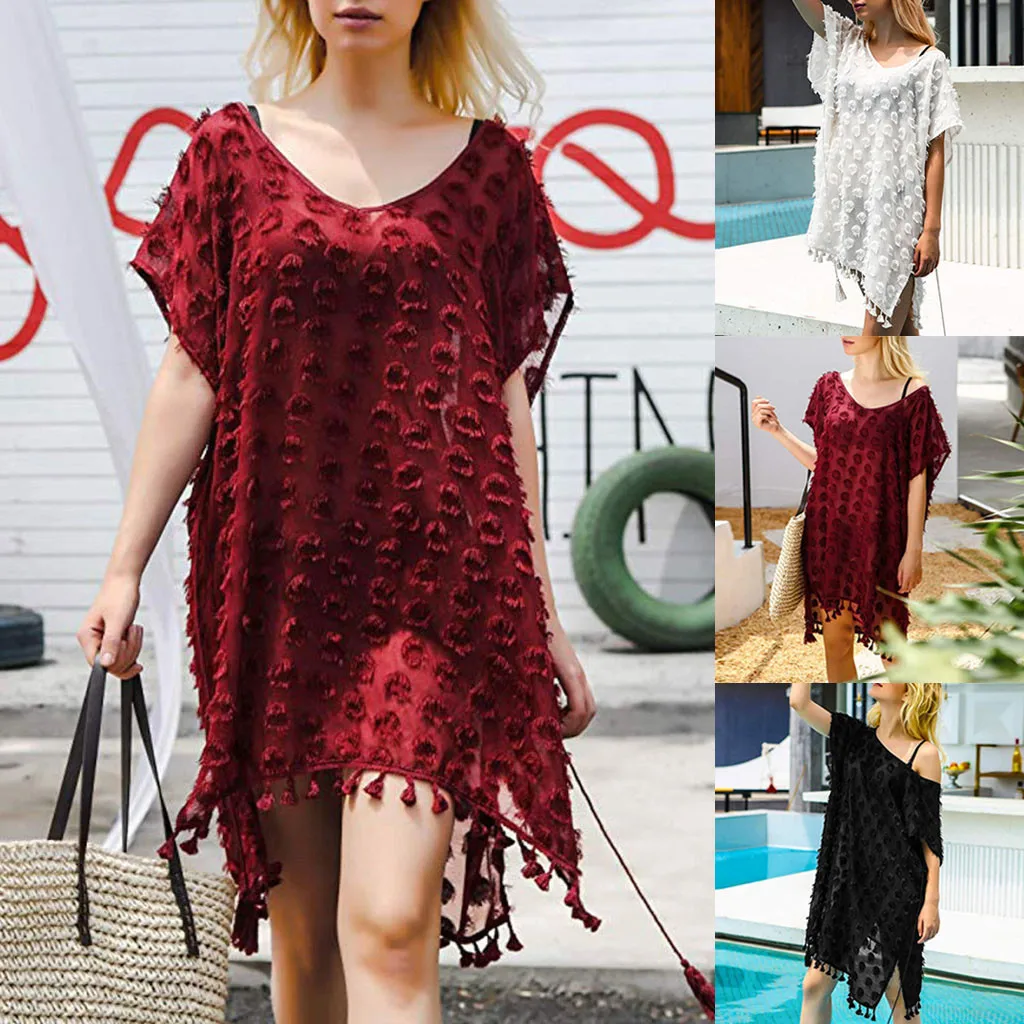 

Swimwear Women 2019 One Piece Plus Size High Waisted Women's Pom Pom Trim Kaftan Chiffon Swimwear Beach Loose Bikini Cover Up