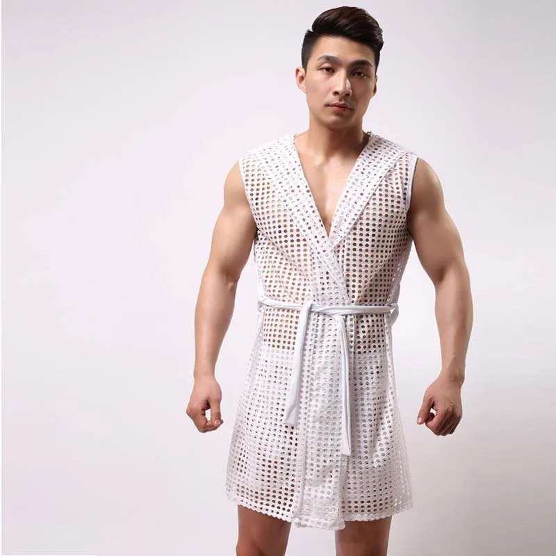 Sexy Robe Sleepwear Mesh Hoodie Sleep Lounge Pajama Gay Wear New Men's