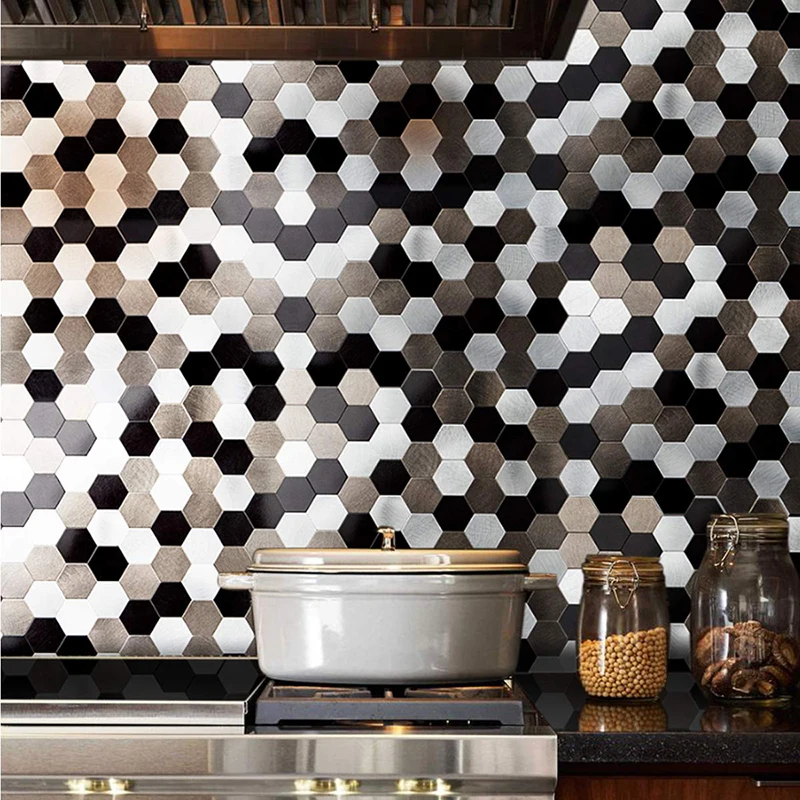 4Pieces Nordic Style Hexagon Metal Peel and Stick Wall Tiles Kitchen