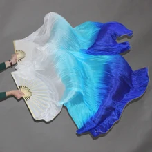 Настоящий Шелковый Танец живота Веер-Вейл одна пара(левая рука+ правая рука) белый+ бирюзовый+ синий веер для танца живота вуали