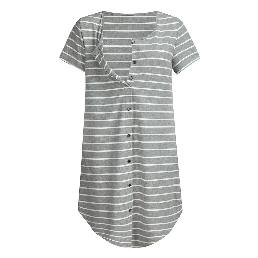 Vetement femme 2019 женское платье для беременных, одежда для кормящих, короткий рукав, на пуговицах, полосатый халат для кормящих женщин