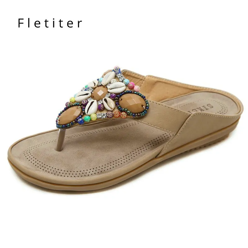 

Fletiter Size 35-42 Fashion Floral Metal Beach Shoes Women Genuine Leather Slippers Summer Flip Flops Flat Shoes For Female