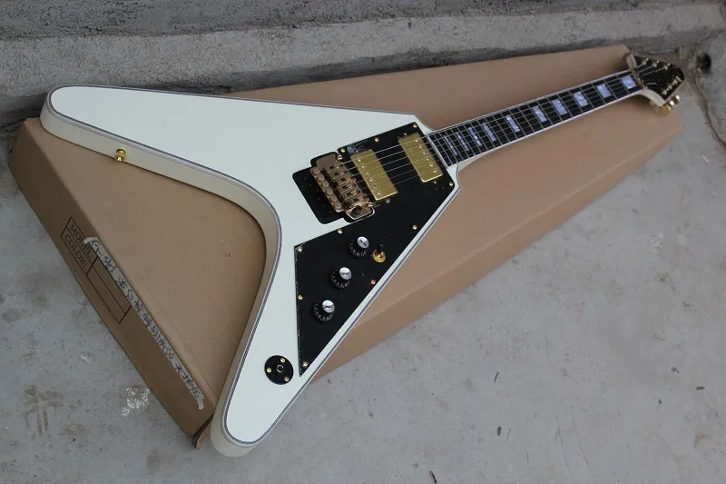 Factory custom 22 frets flying V white floyd rose electric guitar with