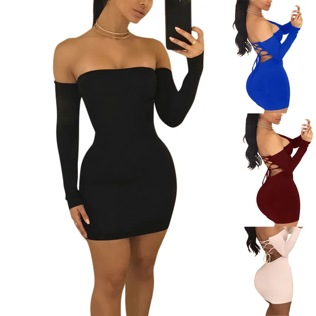 Fashion Summer Autumn Women Sexy Dresses Off Shoulder Solid Color Backless Bandage Long Sleeve Ladies Bodycon Dress FS99