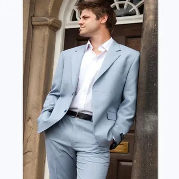 

Custom Mens Suits Notch Lapel Sky Bule Two Buttons Fashion Tuxedos Ternon Slim Fit Masculino Blazer Men Homme(Jacket+Pant)
